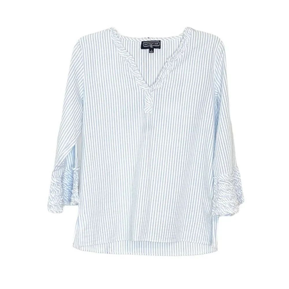 Duffield Lane Women’s Blue White Seersucker 3/4 Ruffle Sleeve Blouse Size Small